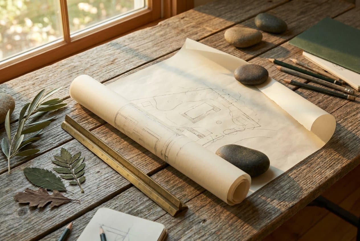 Representative concept: a landscape site plan and material samples laid out on a work table.