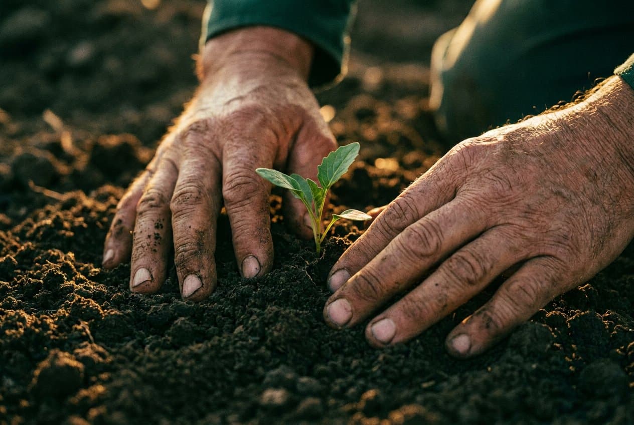 Representative concept: hands setting a plant into prepared, mulched soil.