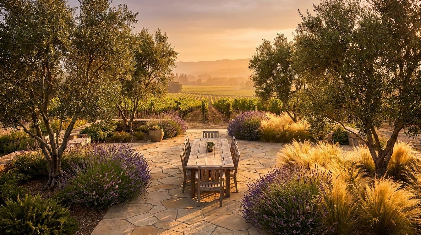 Representative Napa County landscape concept: planting, outdoor living, and open North Bay sky.