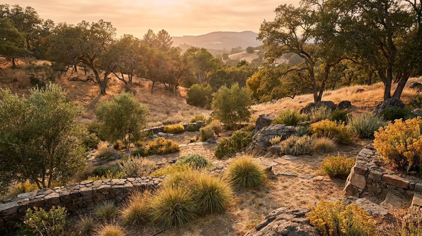 Representative Marin County landscape concept: planting, outdoor living, and open North Bay sky.