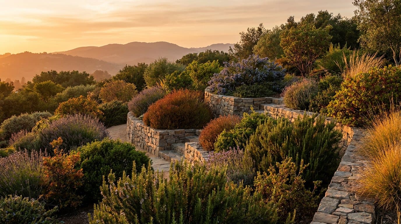 Representative Marin County landscape concept: planting, outdoor living, and open North Bay sky.