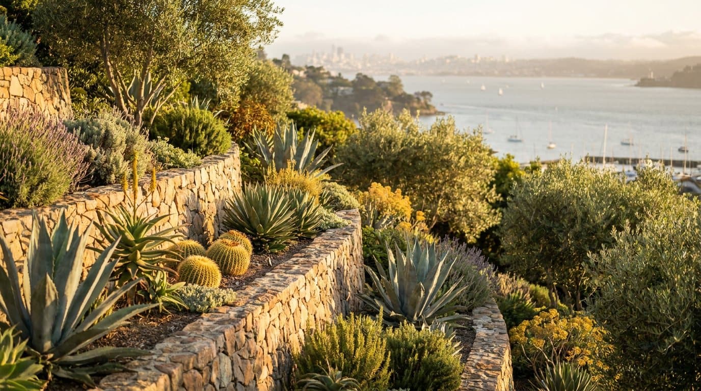Representative Marin County landscape concept: planting, outdoor living, and open North Bay sky.