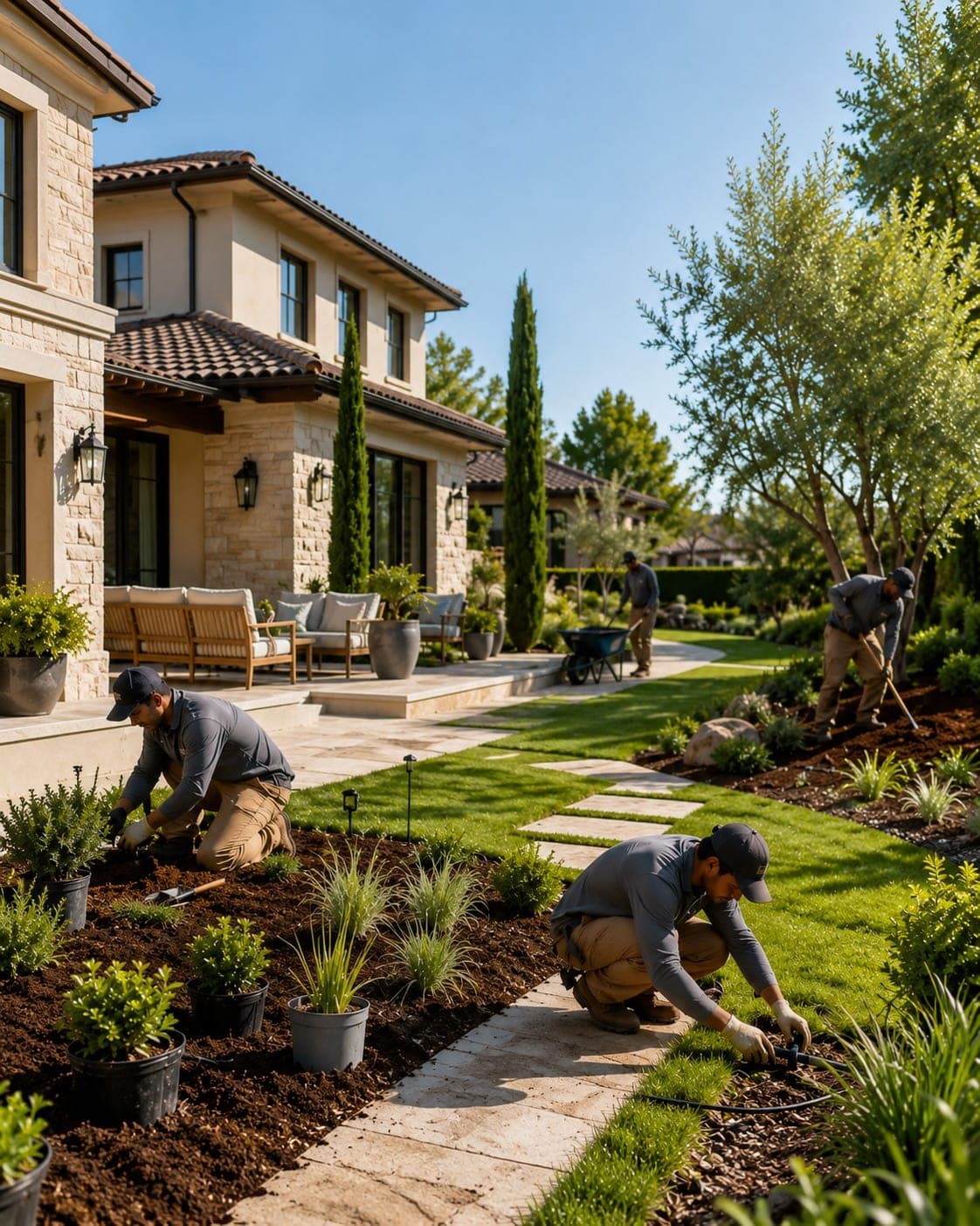 Representative North Bay landscape concept: a landscaping crew installing planting beds and irrigation at a residential property.