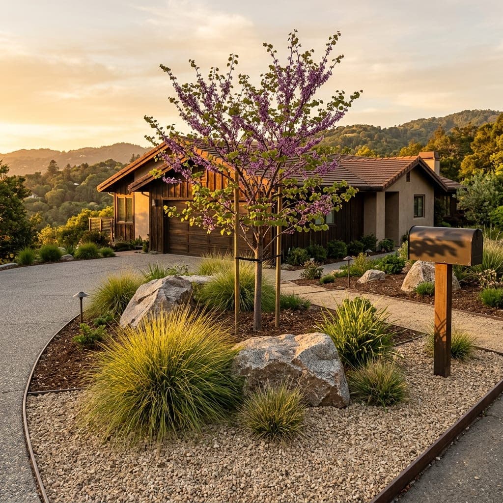 Residential front landscape with sweeping path, fresh planting, green lawn, and curb appeal.