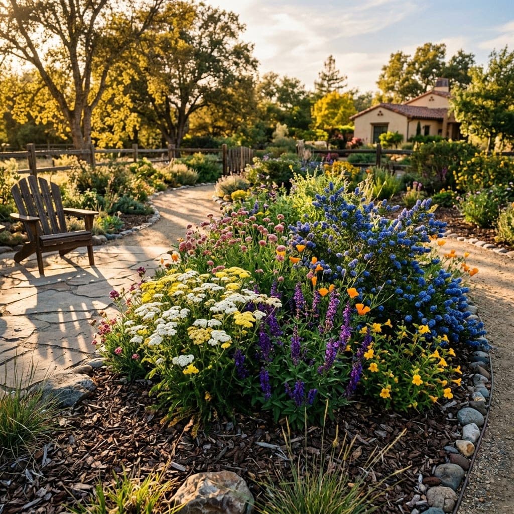 Pollinator garden bed with colorful planting, pathways, and soft North Bay texture.