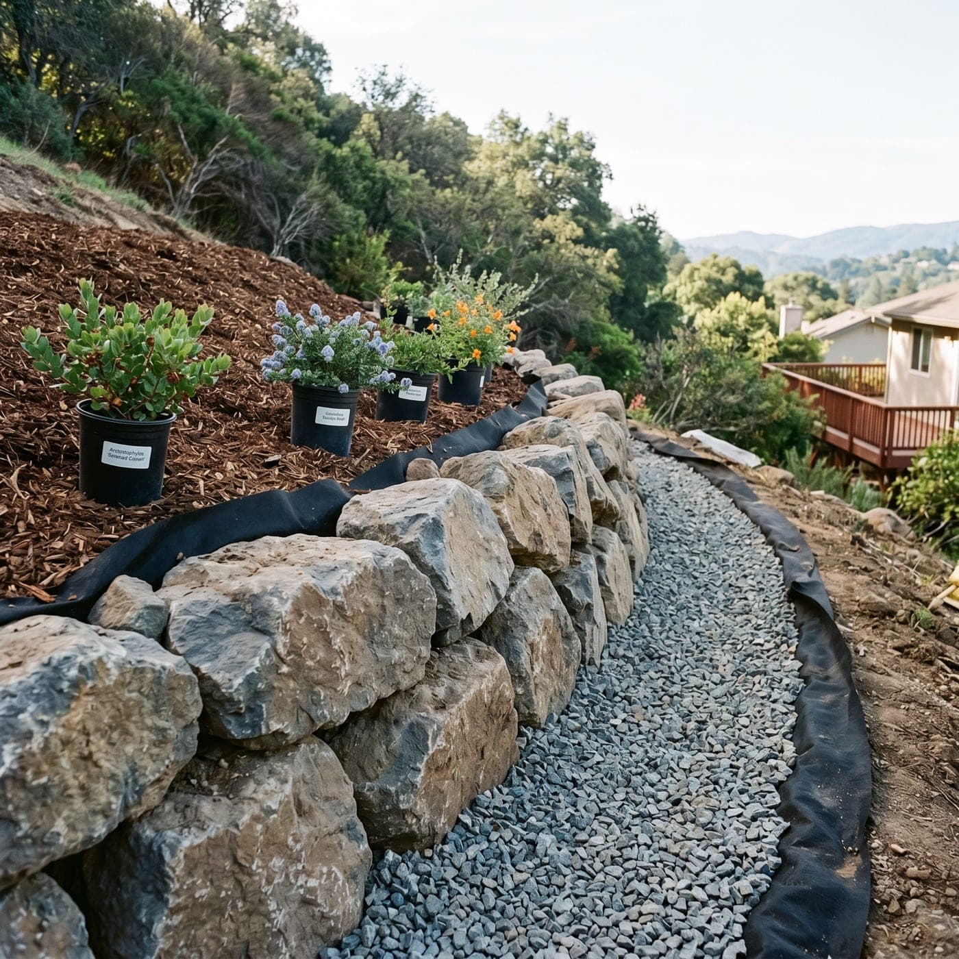 Representative hillside retaining-wall material concept with stone, boulders, and construction texture.