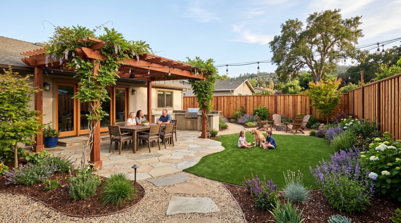 Representative Petaluma yard transformation concept with patio, lawn, planting, and redwood fencing.