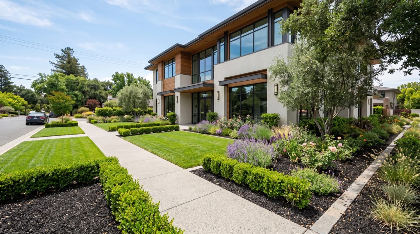 Representative commercial curb-appeal concept with clean frontage, lawn, and maintained planting.
