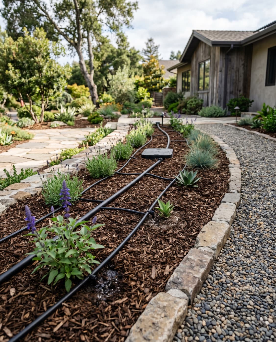 Representative water-wise garden irrigation concept with planting, soil, and drought-conscious detail.