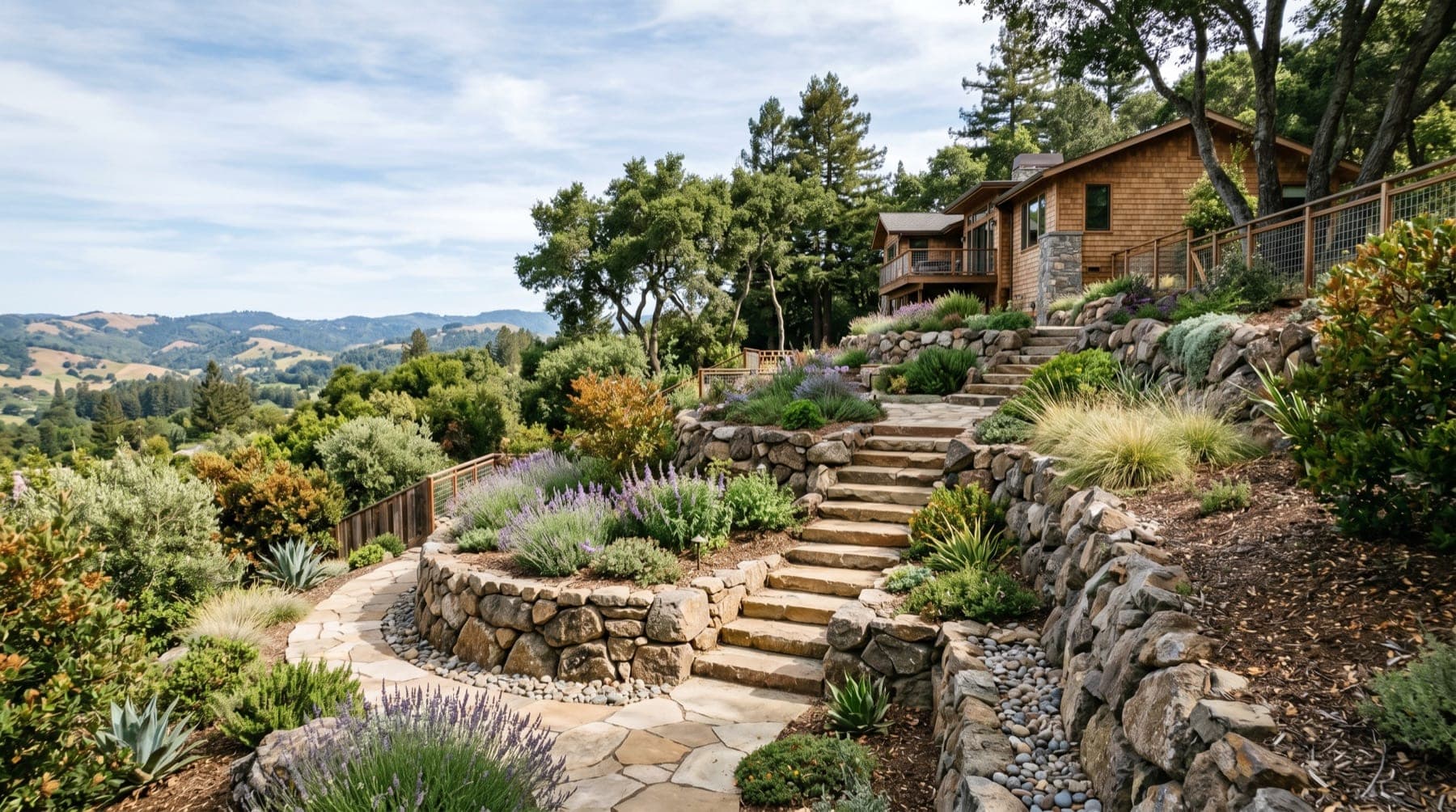 Marin County service area landscape concept with North Bay planting, outdoor living detail, and open sky.