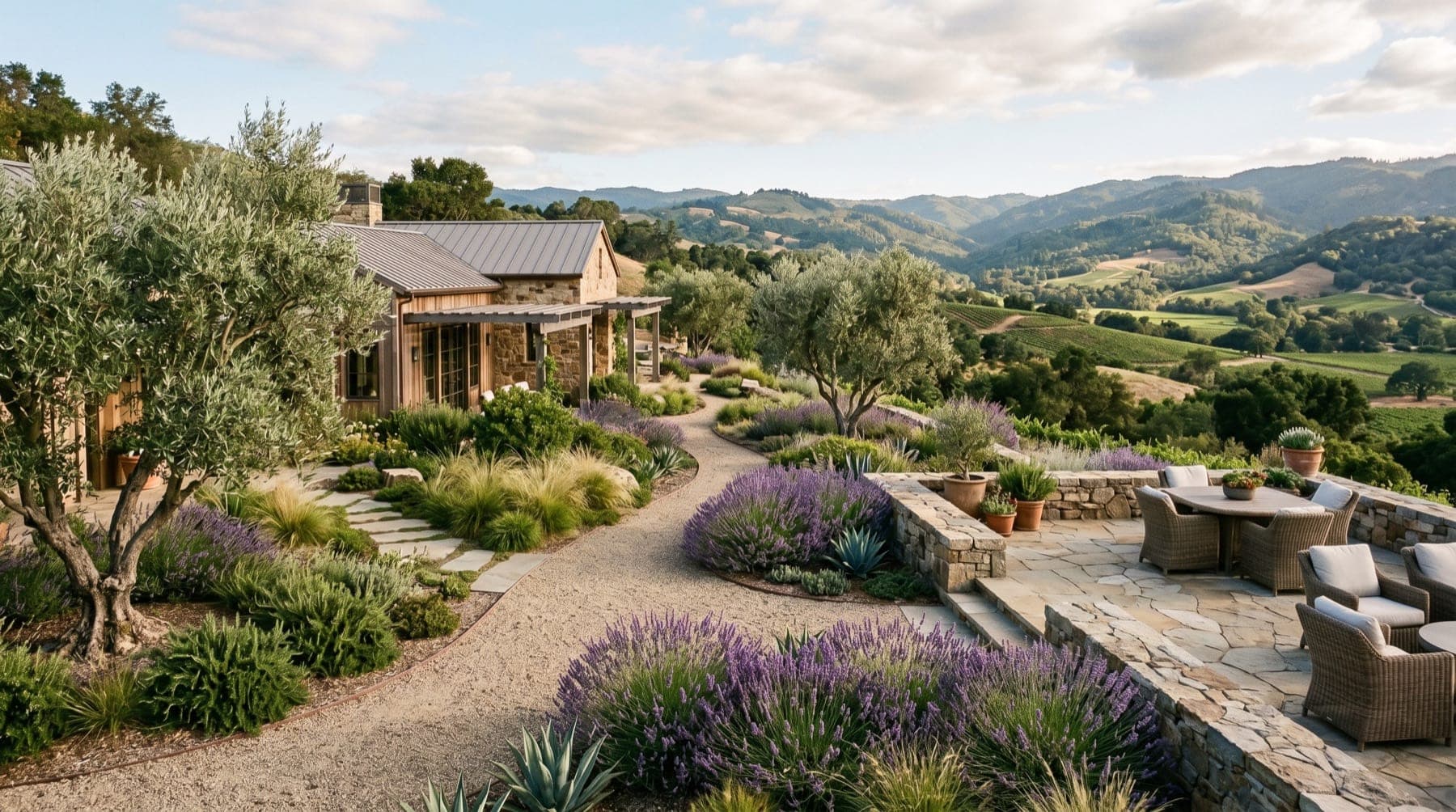 Napa County service area landscape concept with North Bay planting, outdoor living detail, and open sky.