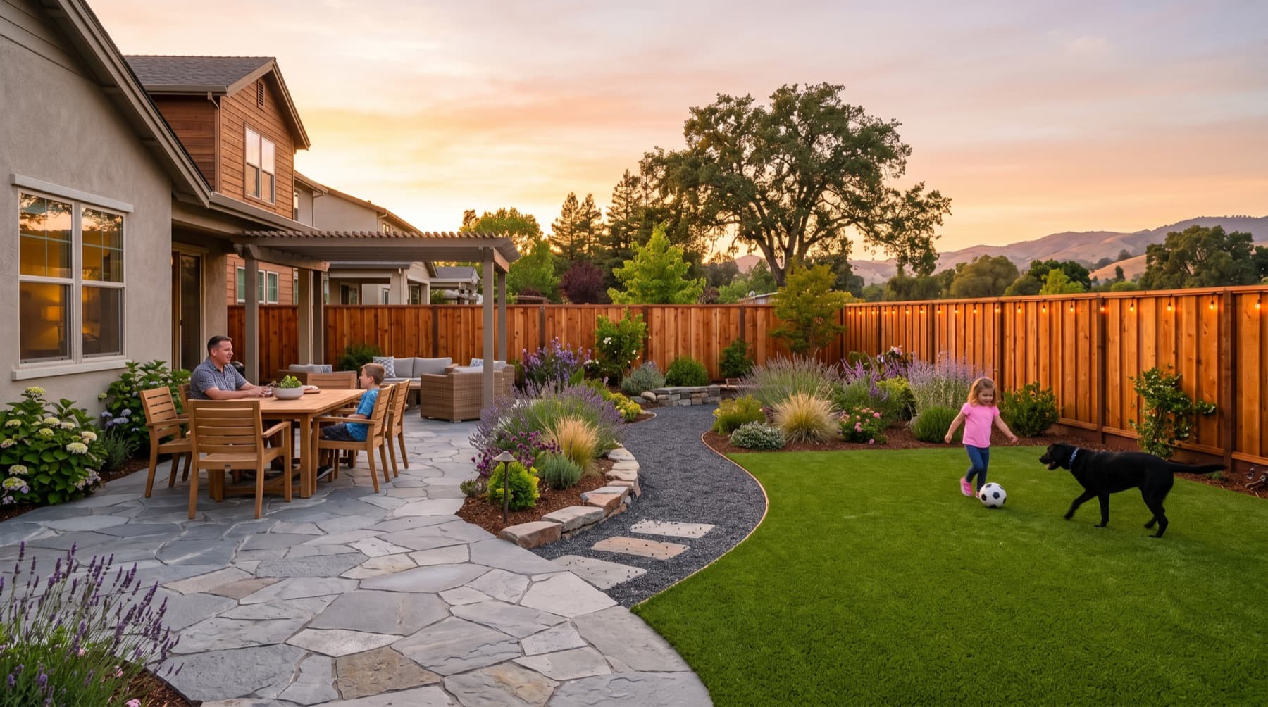Petaluma service area landscape concept with North Bay planting, outdoor living detail, and open sky.