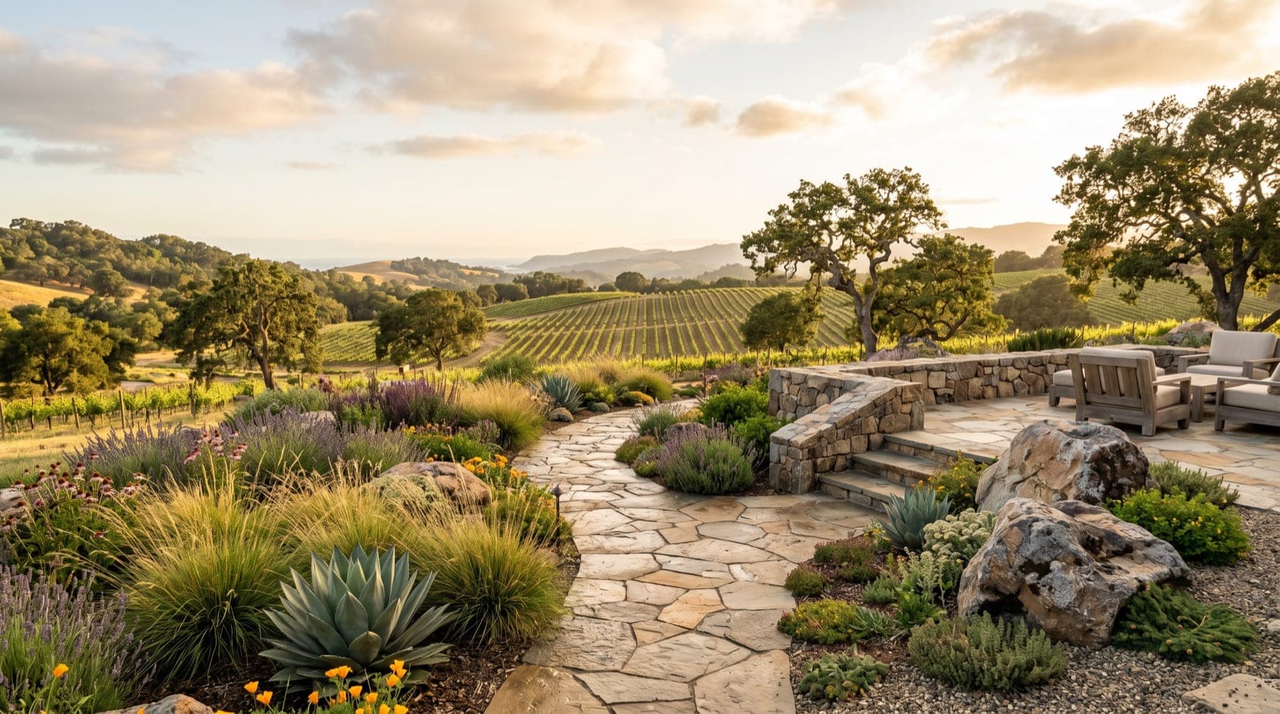 Sonoma County service area landscape concept with North Bay planting, outdoor living detail, and open sky.