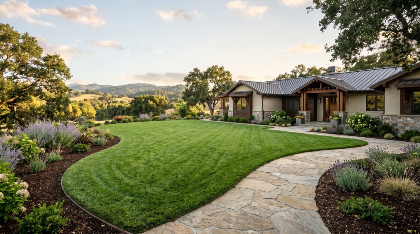 Revived green lawn after aeration and care.