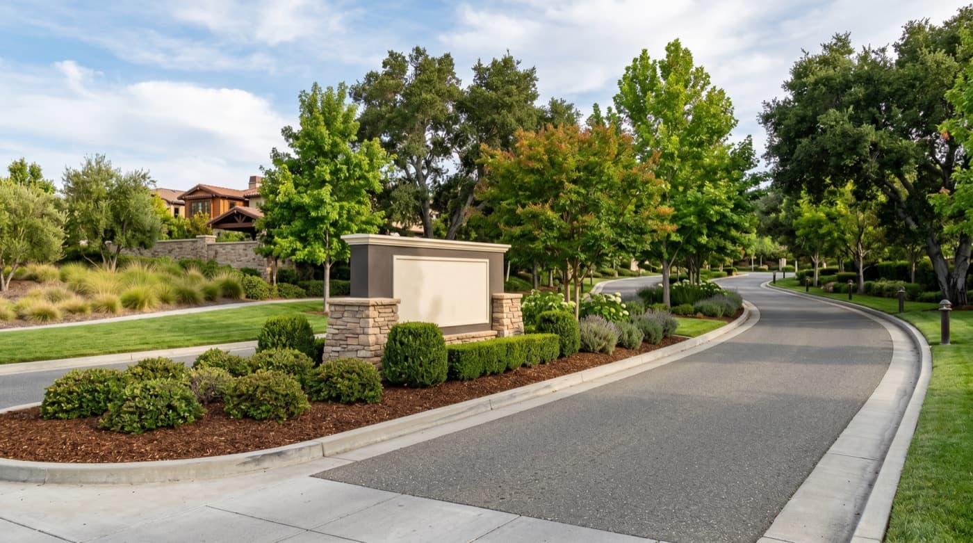 HOA entry landscape with planting, paths, and maintained public-facing curb appeal.