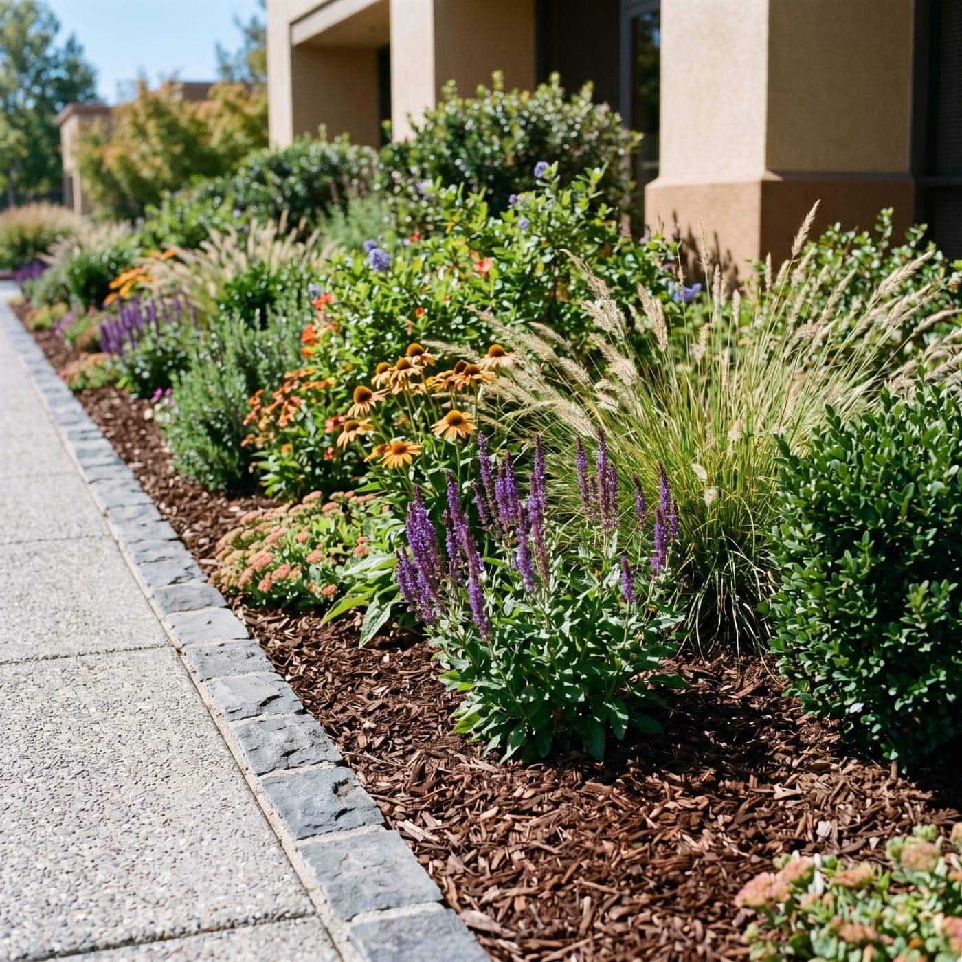 Polished commercial planting area with orderly public-facing landscaping.