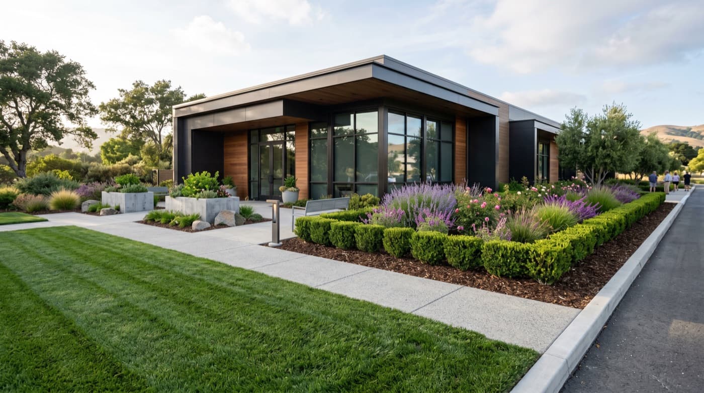Commercial storefront landscape with structured planting and clean frontage.
