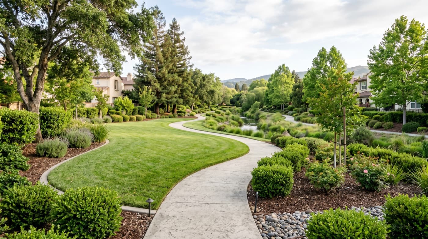 HOA greenbelt with maintained lawn and landscape edges.