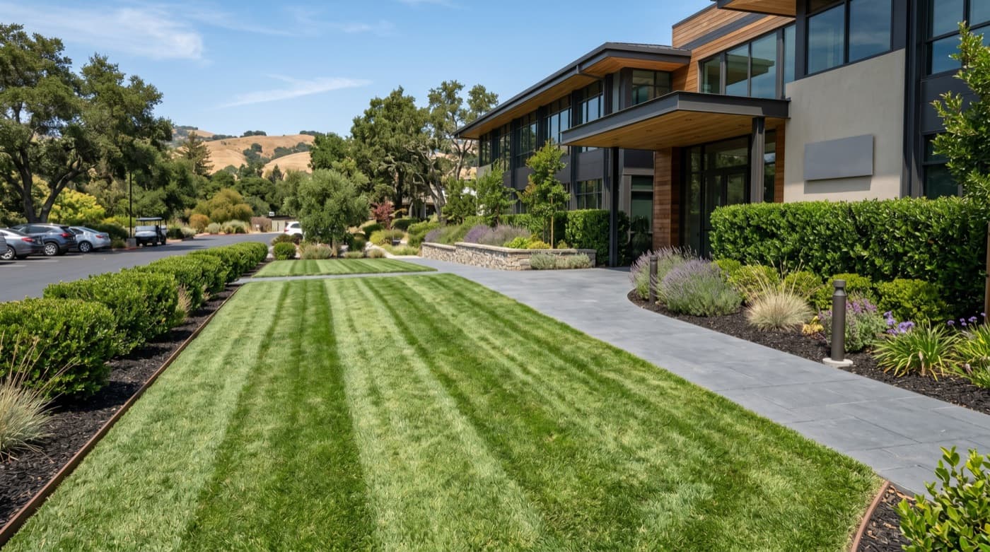 Business lawn maintained with clean turf and commercial curb appeal.