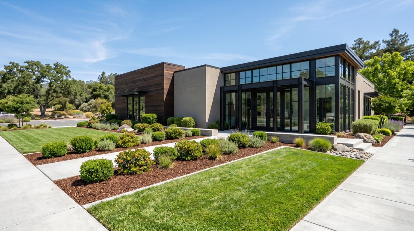 Business frontage with maintained planting, paths, and tidy landscape structure.