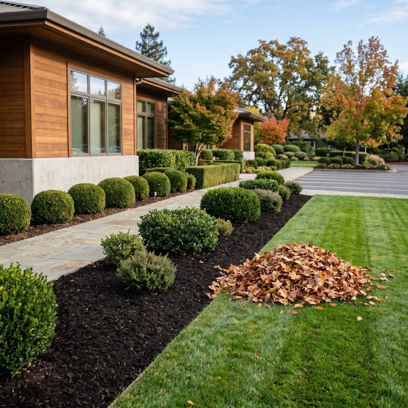 Seasonal commercial cleanup with organized landscape maintenance detail.
