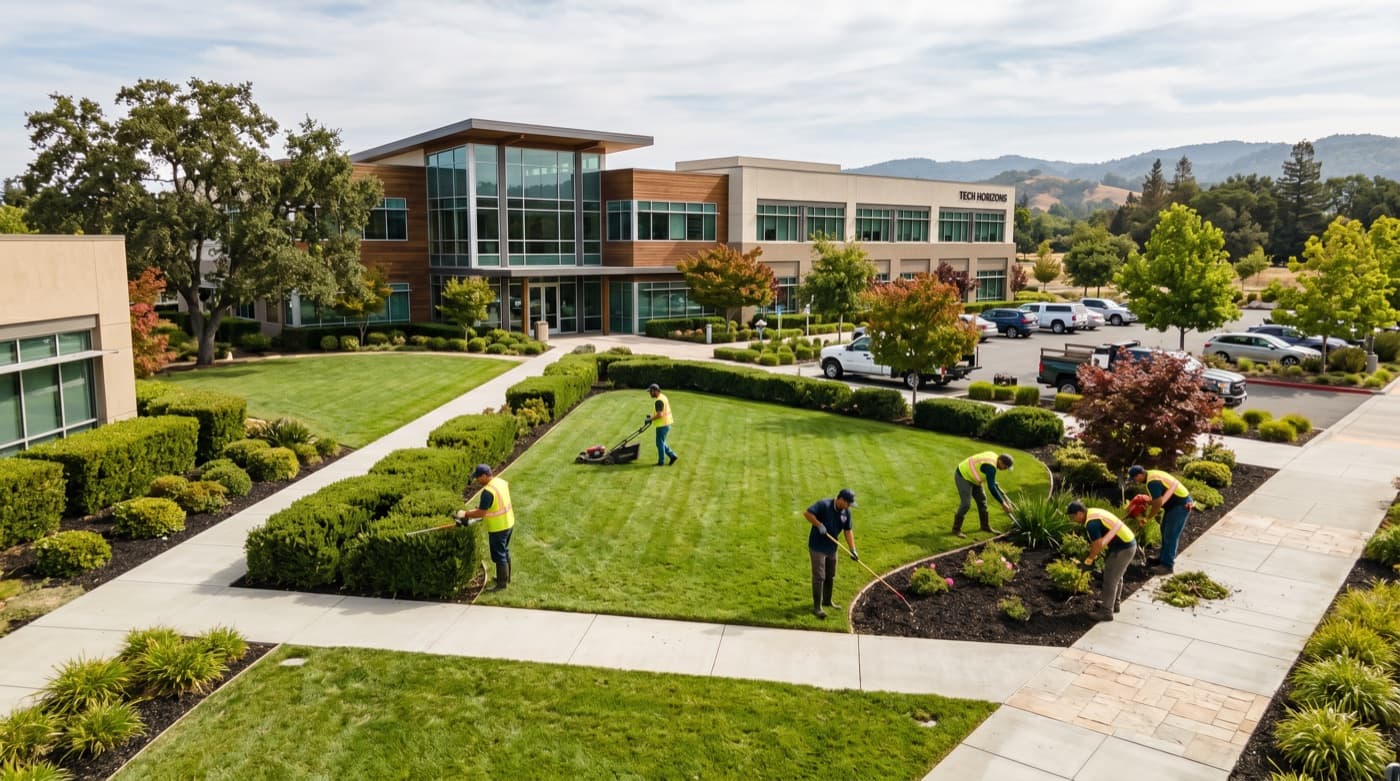 Commercial maintenance crew working around a polished business landscape.