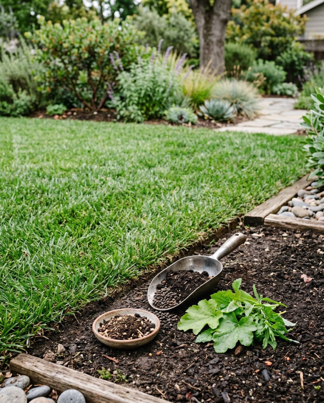 Natural lawn and garden care product detail for fertilization support.