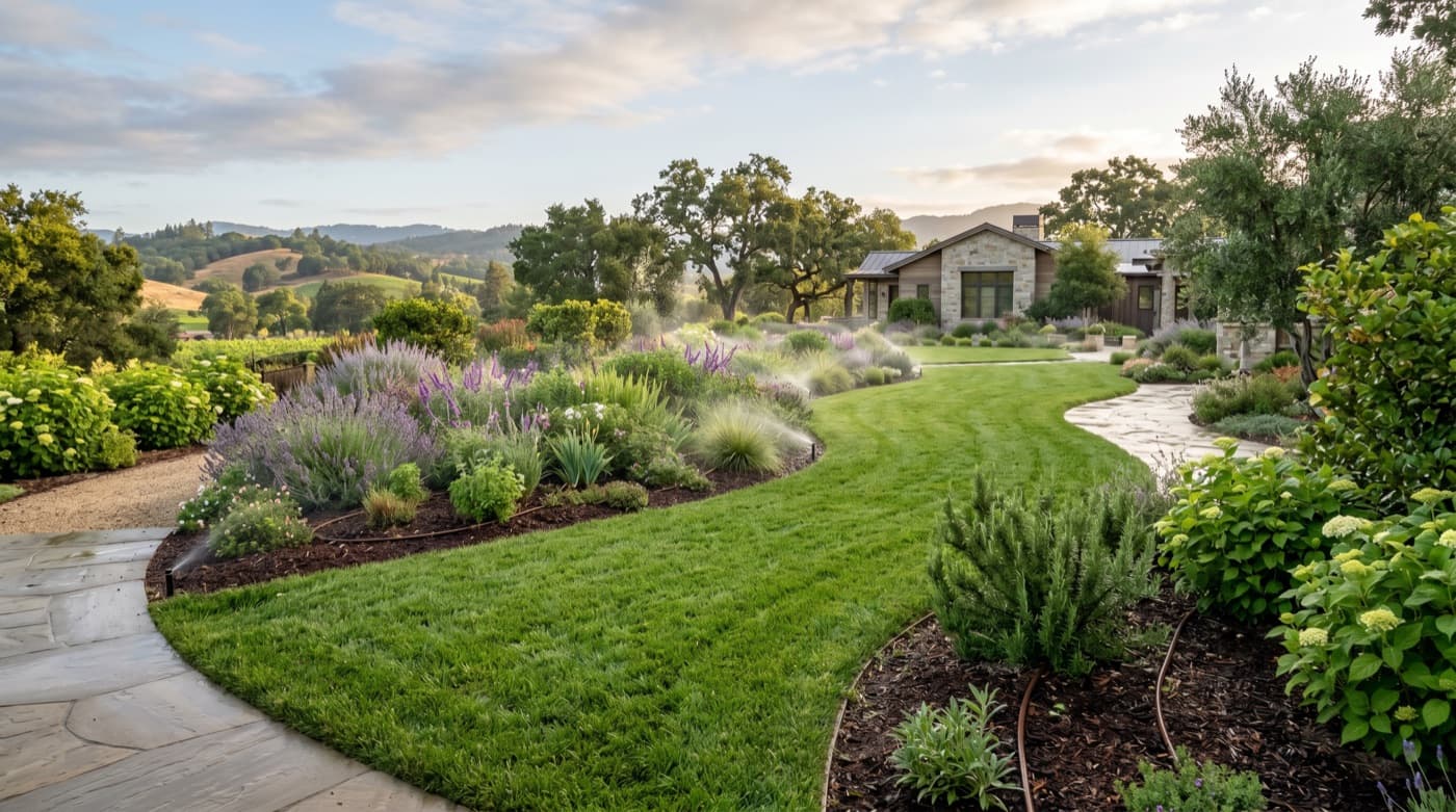 Healthy watered planting supported by irrigation planning.
