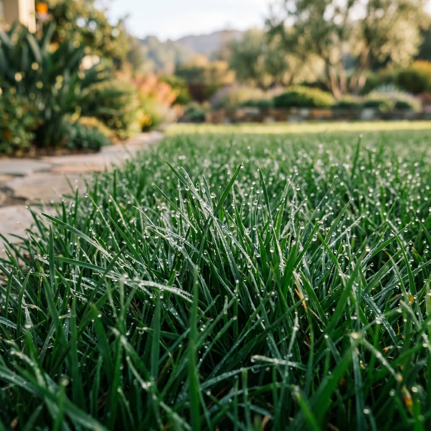 Close lawn health detail with rich green turf.