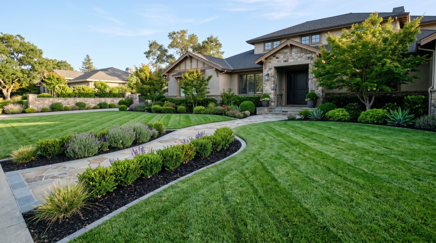 Finished residential lawn after mowing and edging.