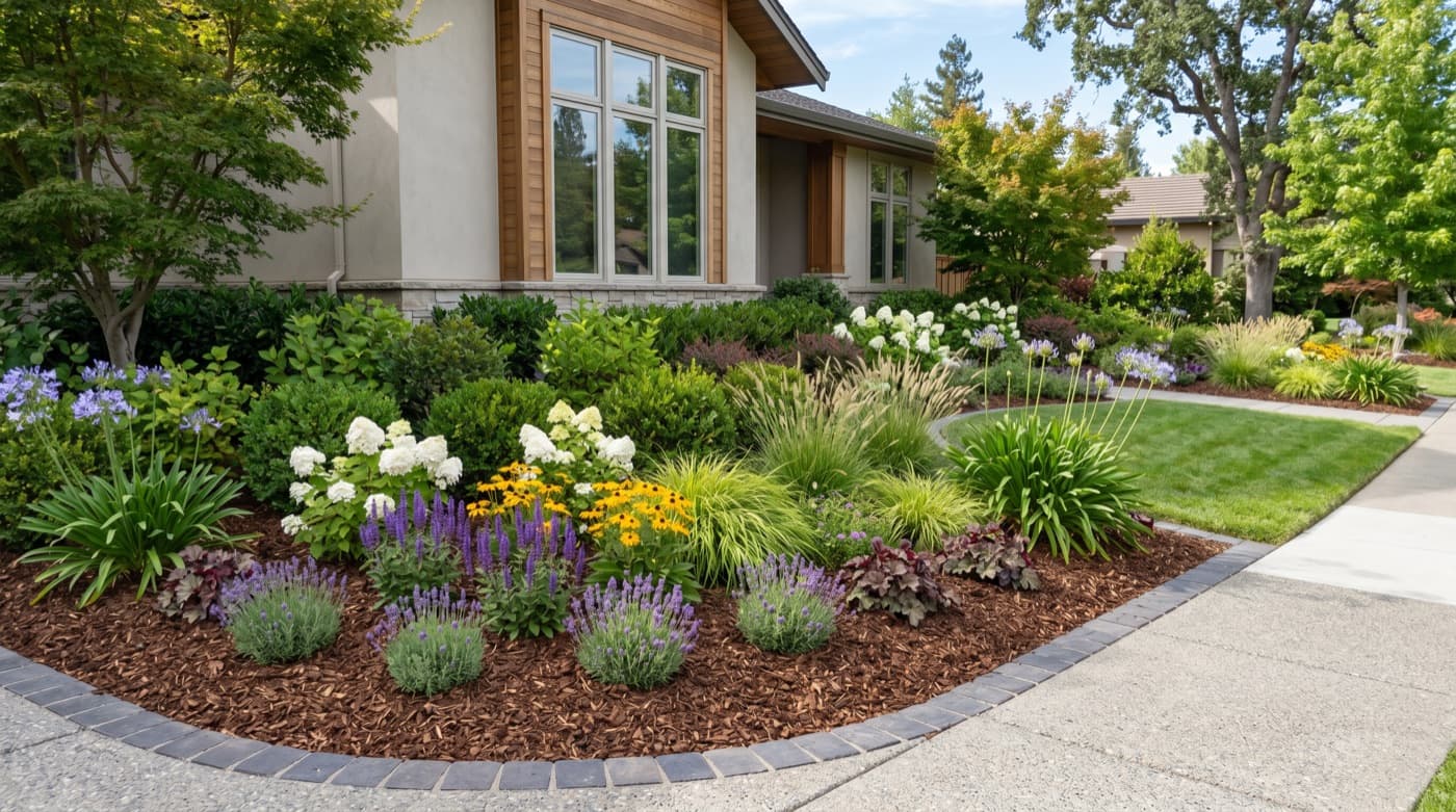 Polished garden bed after fresh mulch and cleanup.