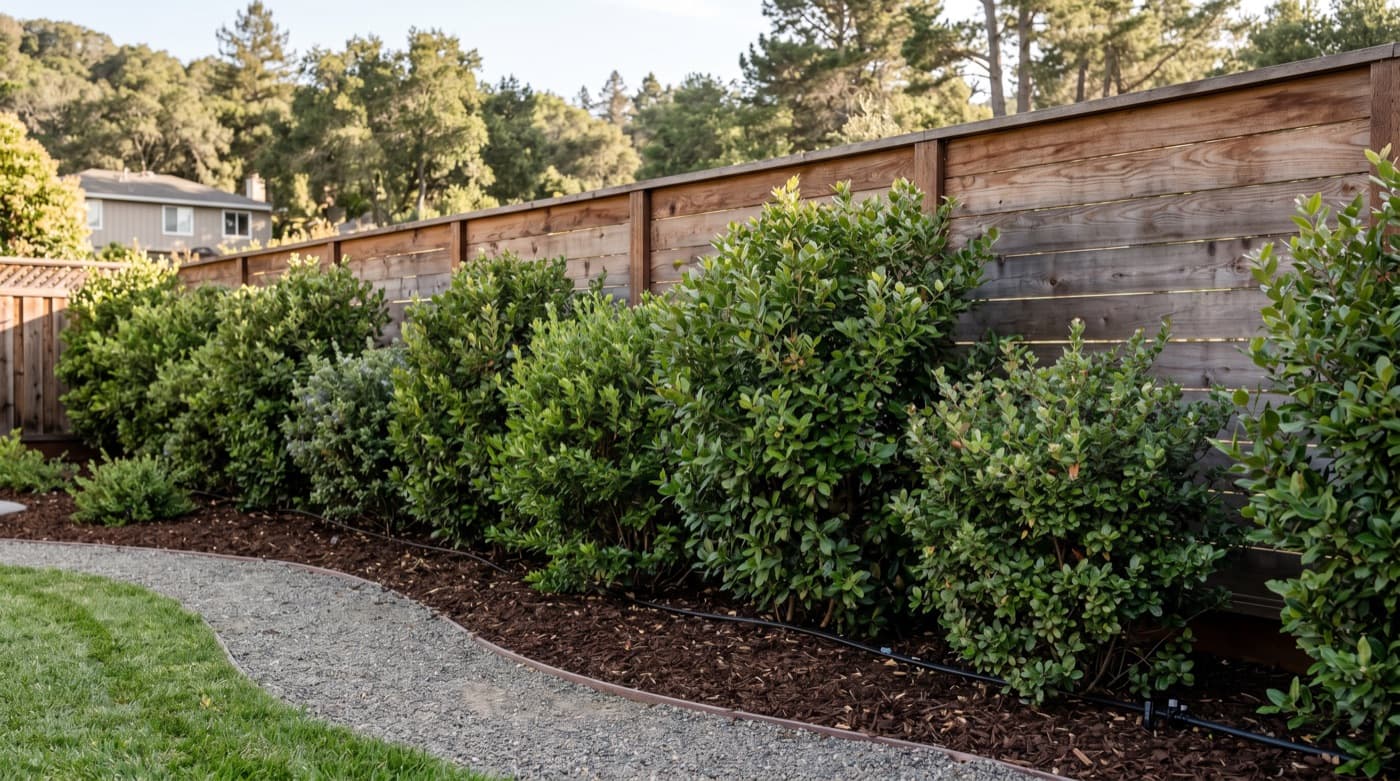 Privacy planting with shrubs and layered landscape screening.