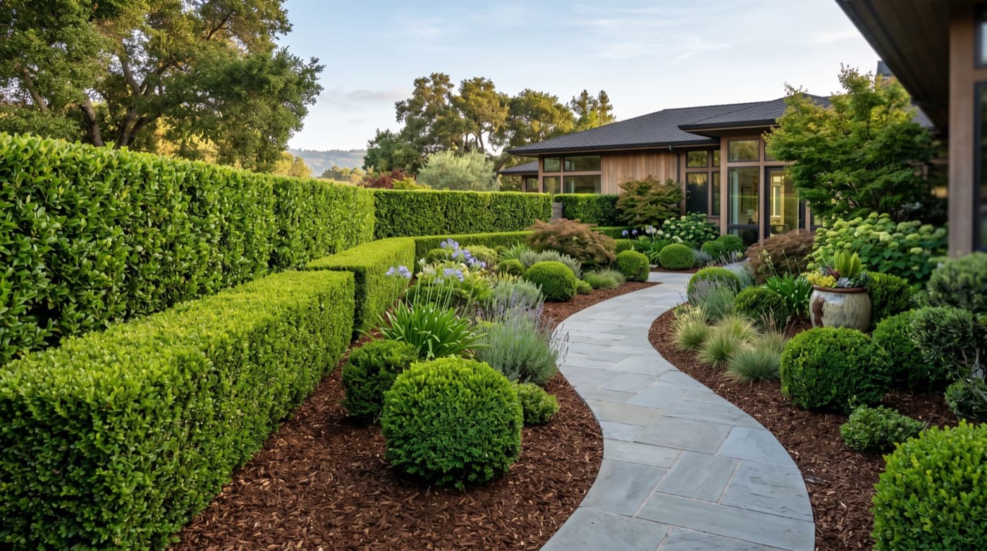 Clipped hedge wall with structured green privacy planting.