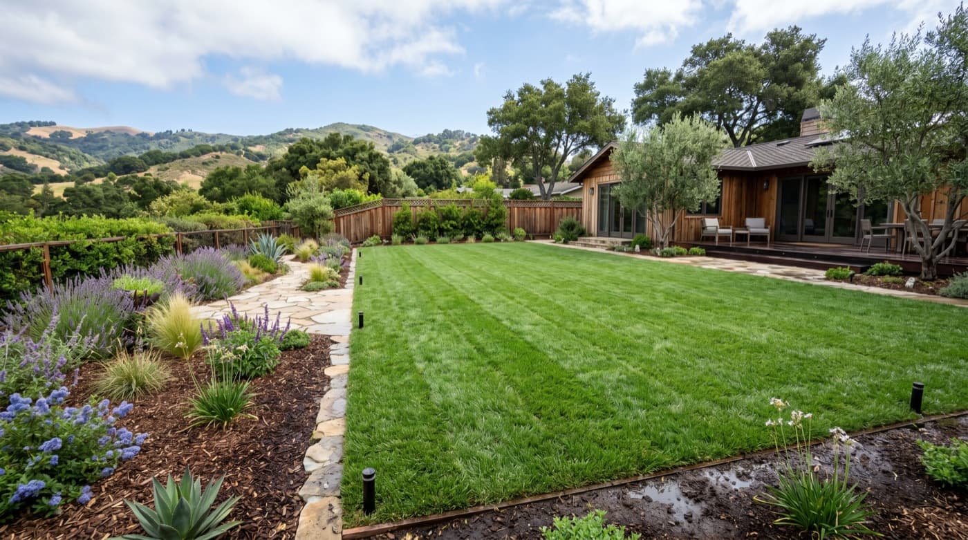 Freshly installed lawn with clean green turf.