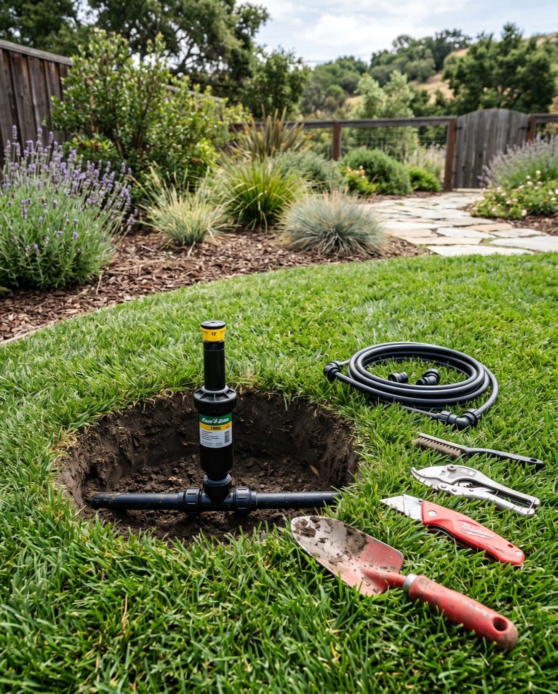 Sprinkler repair detail with clean irrigation service context.