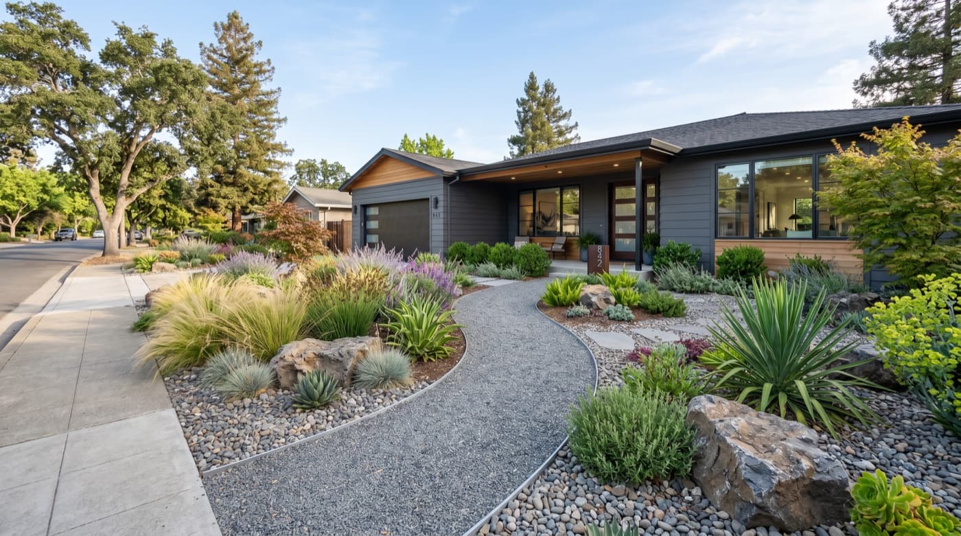 Modern drought-tolerant front yard with gravel, boulders, and planting.