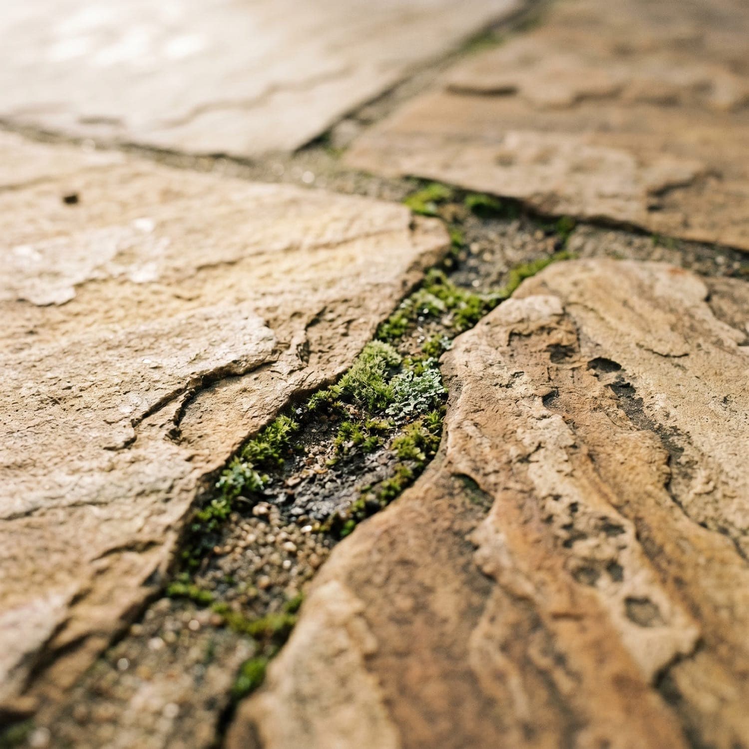 Uneven flagstone with wide mossy joints