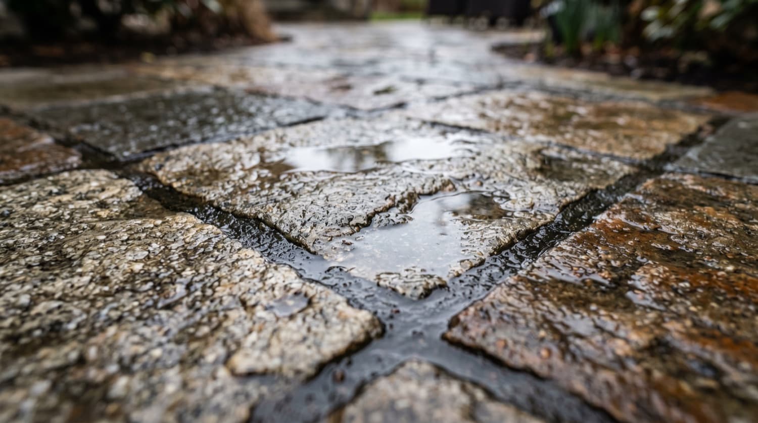 Paver walkway with rainwater ponding across the joints