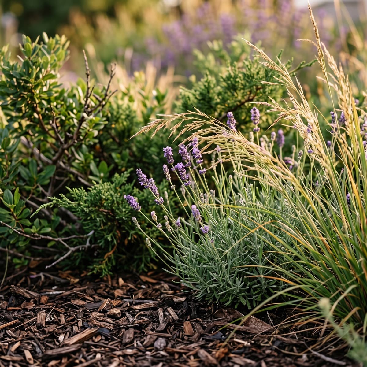 Layered planting texture used as a visual cue for gardens, shrubs, and seasonal color.