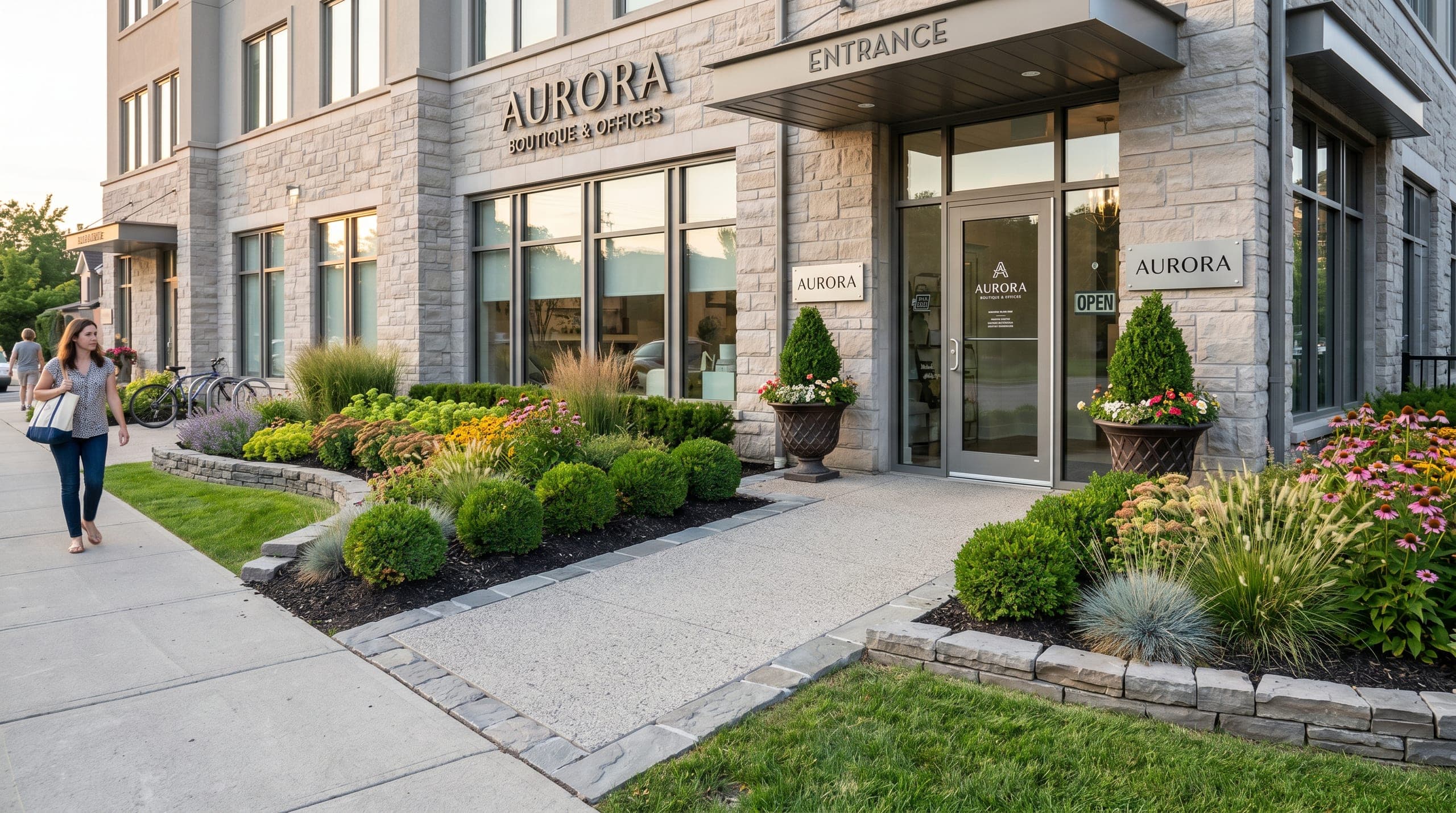 Commercial storefront landscape with ornamental grasses, clipped shrubs, walkway, and blue sky.