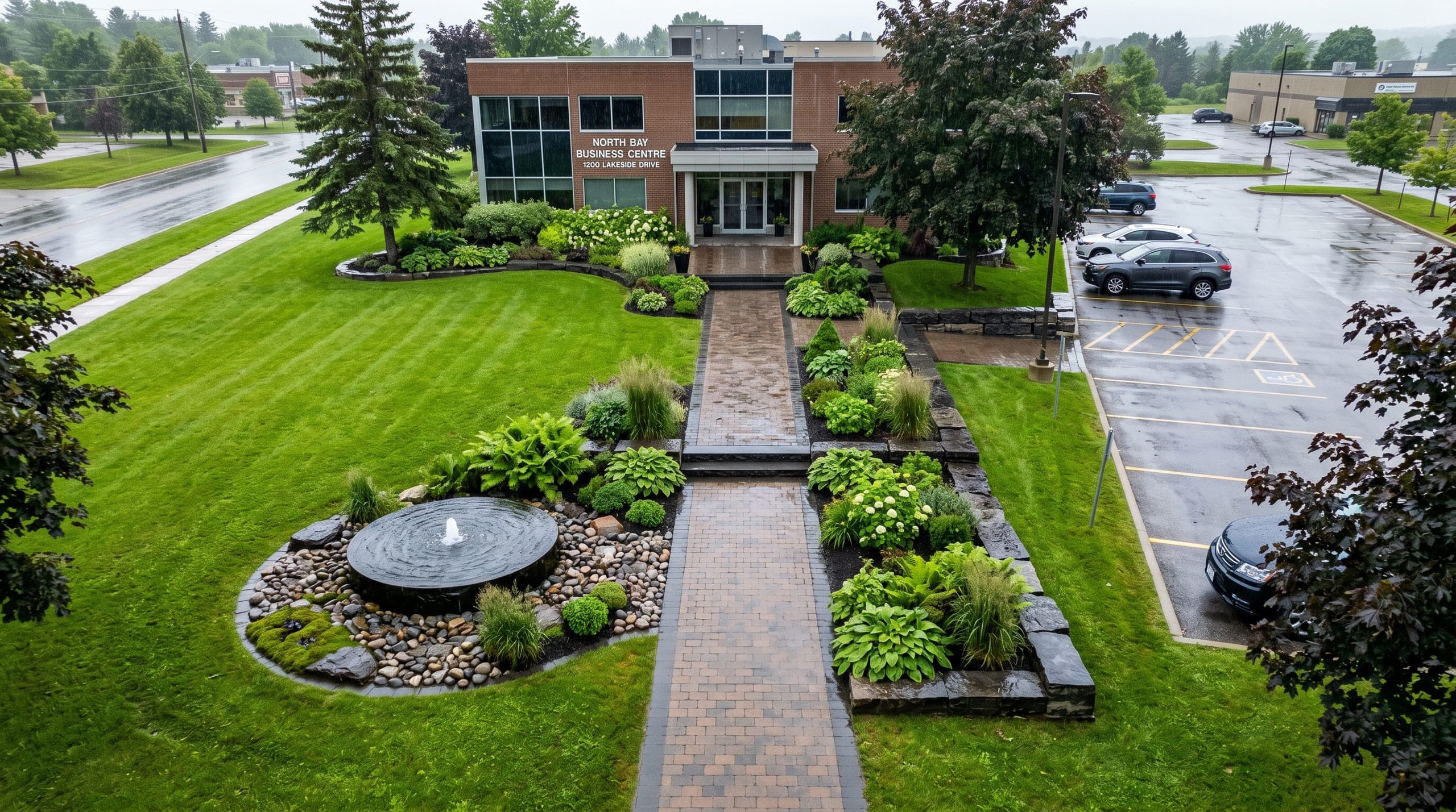 Commercial grounds with striped lawn, circular feature, pathways, and office buildings.