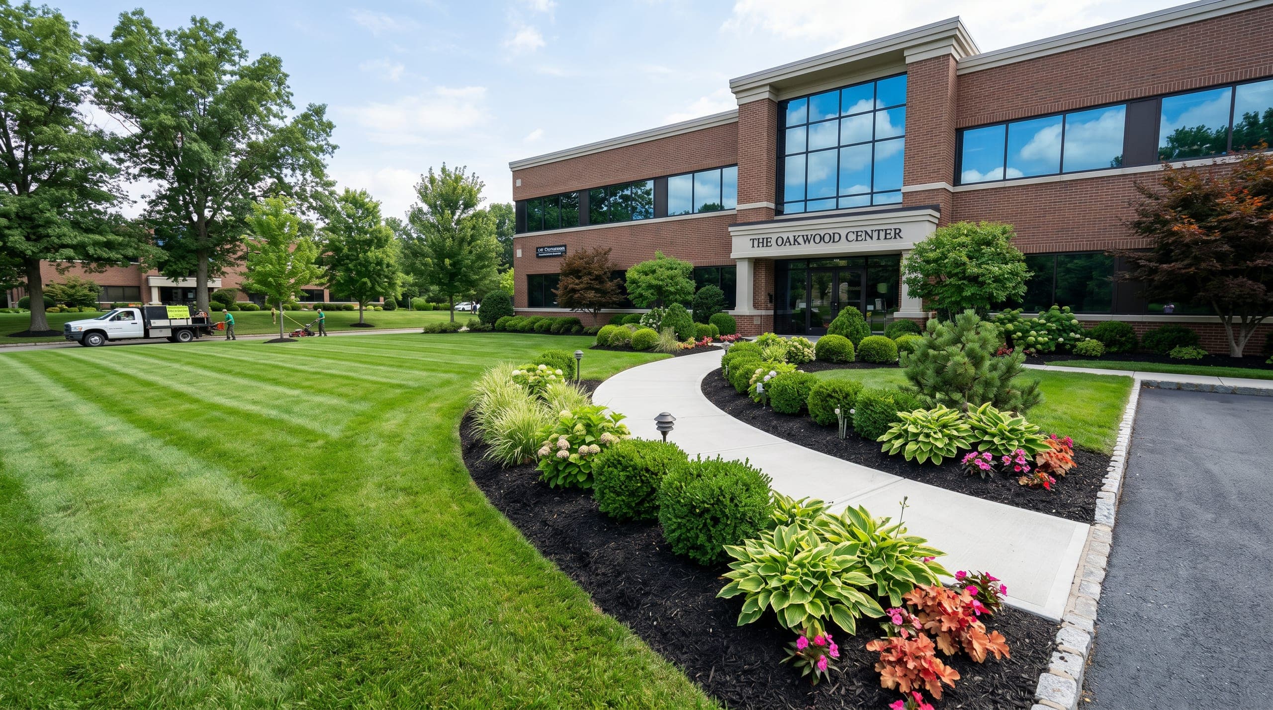 Commercial office landscape with manicured lawn, clipped shrubs, paths, and curb appeal.