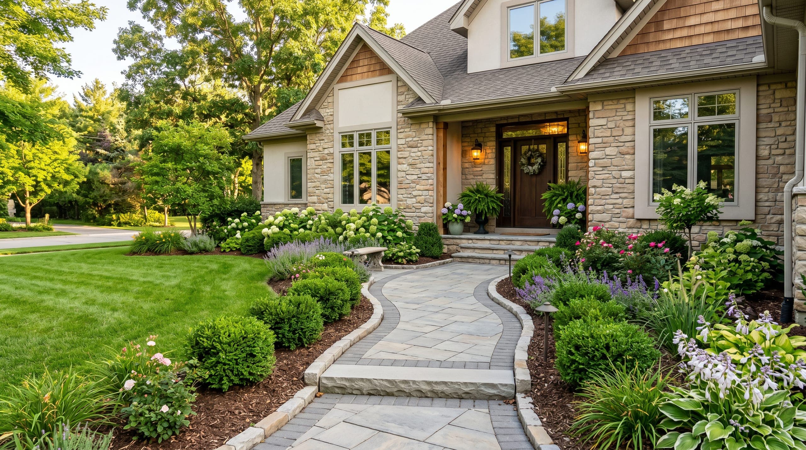 Residential front entry with stone walkway, lawn, flowers, and warm doorway lighting.