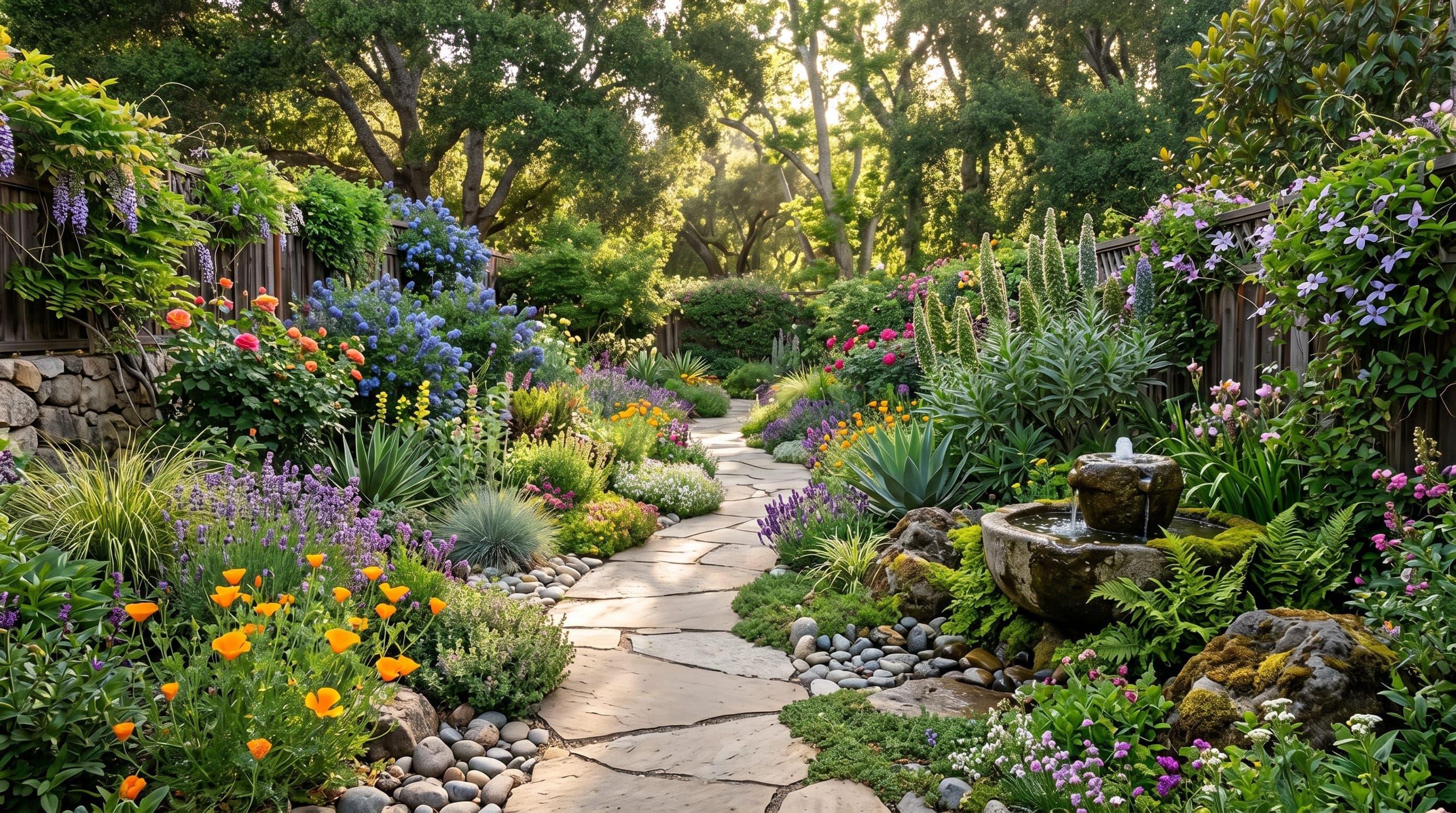 Garden path winding through dense flowering planting and shaded greenery.