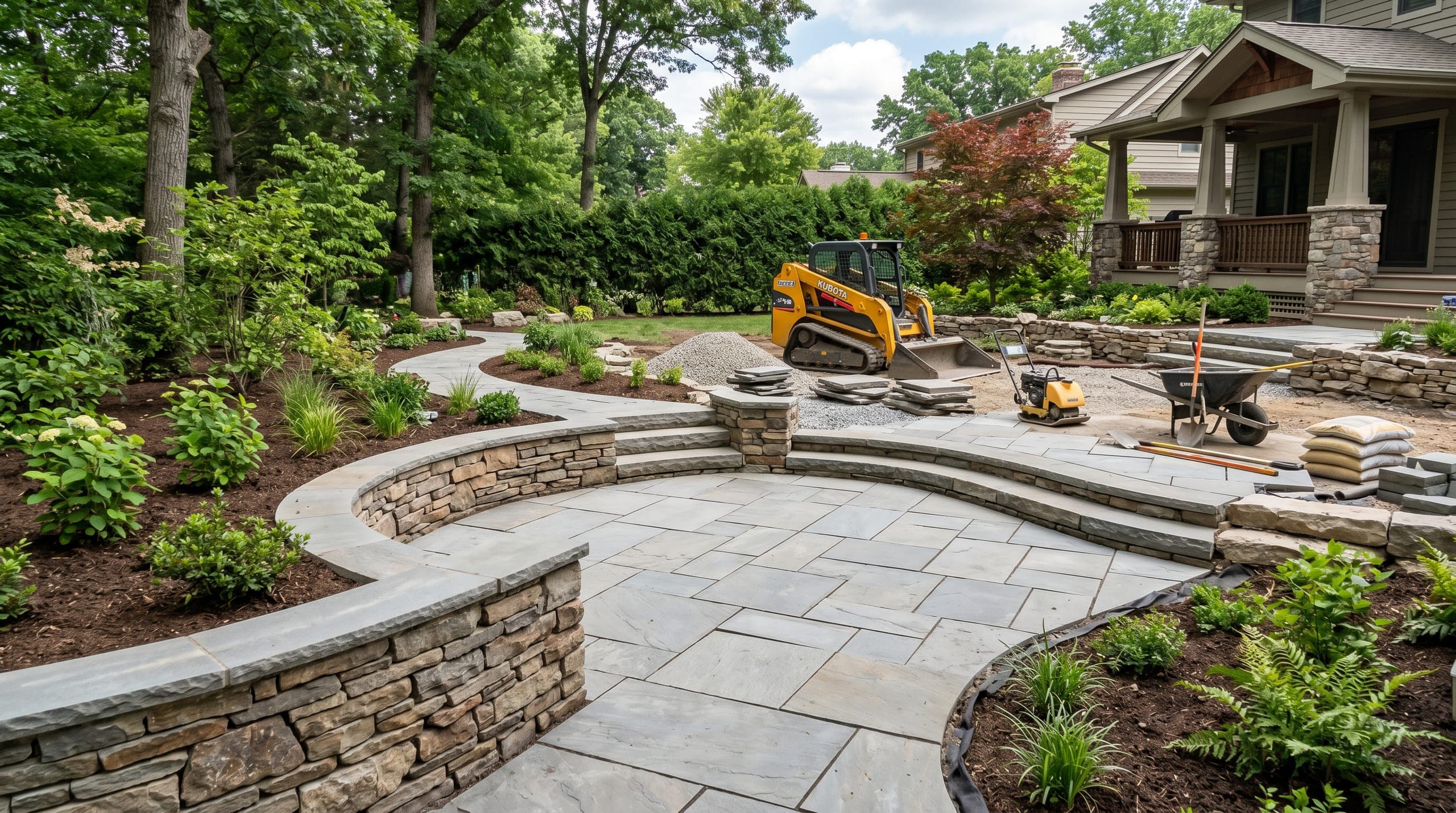 Representative North Bay landscape construction scene: stone patio layout, retaining wall, planting beds, and site machinery.