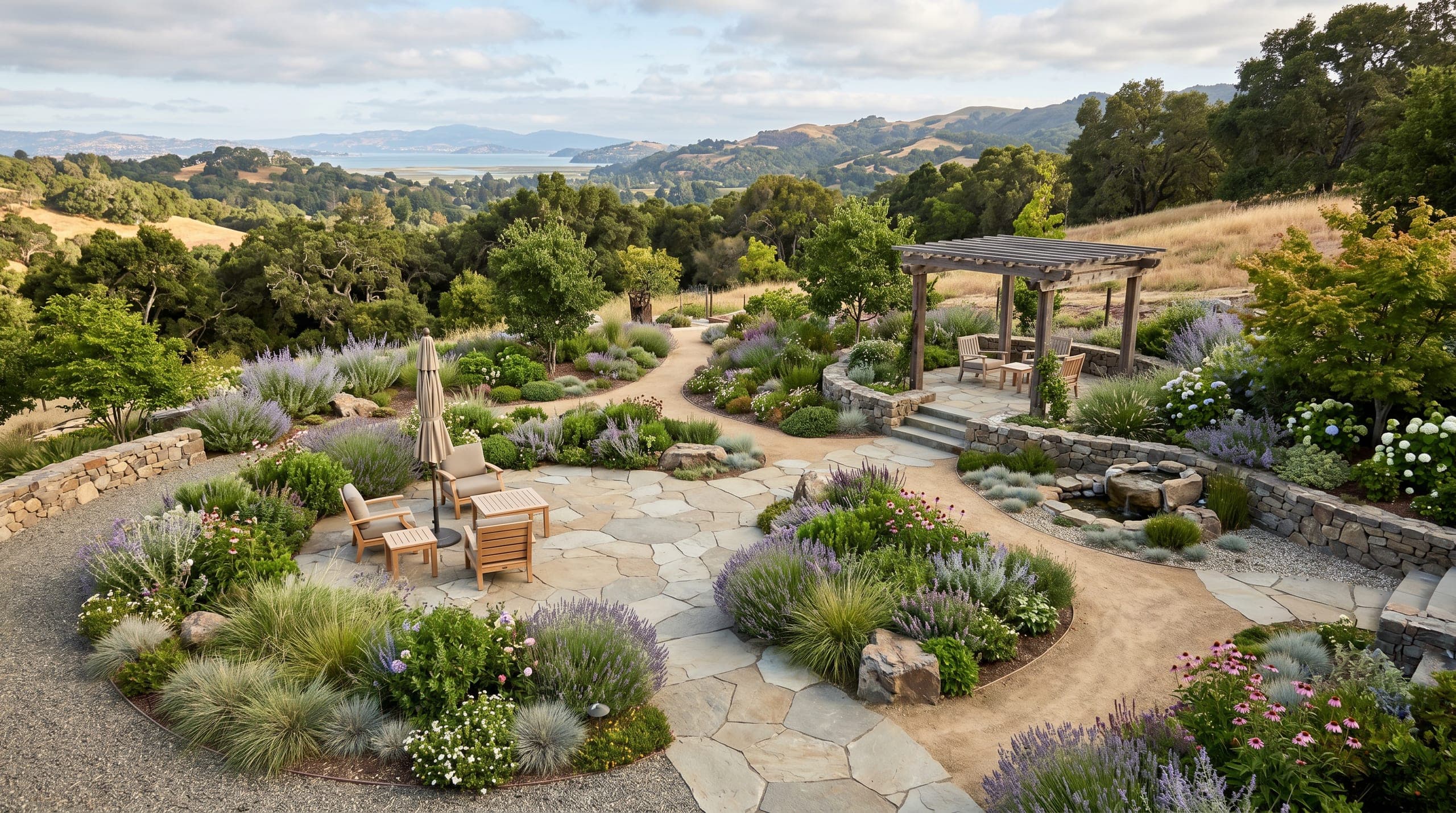 Landscape design scene with drought-tolerant planting, stone paths, seating, and distant hills.
