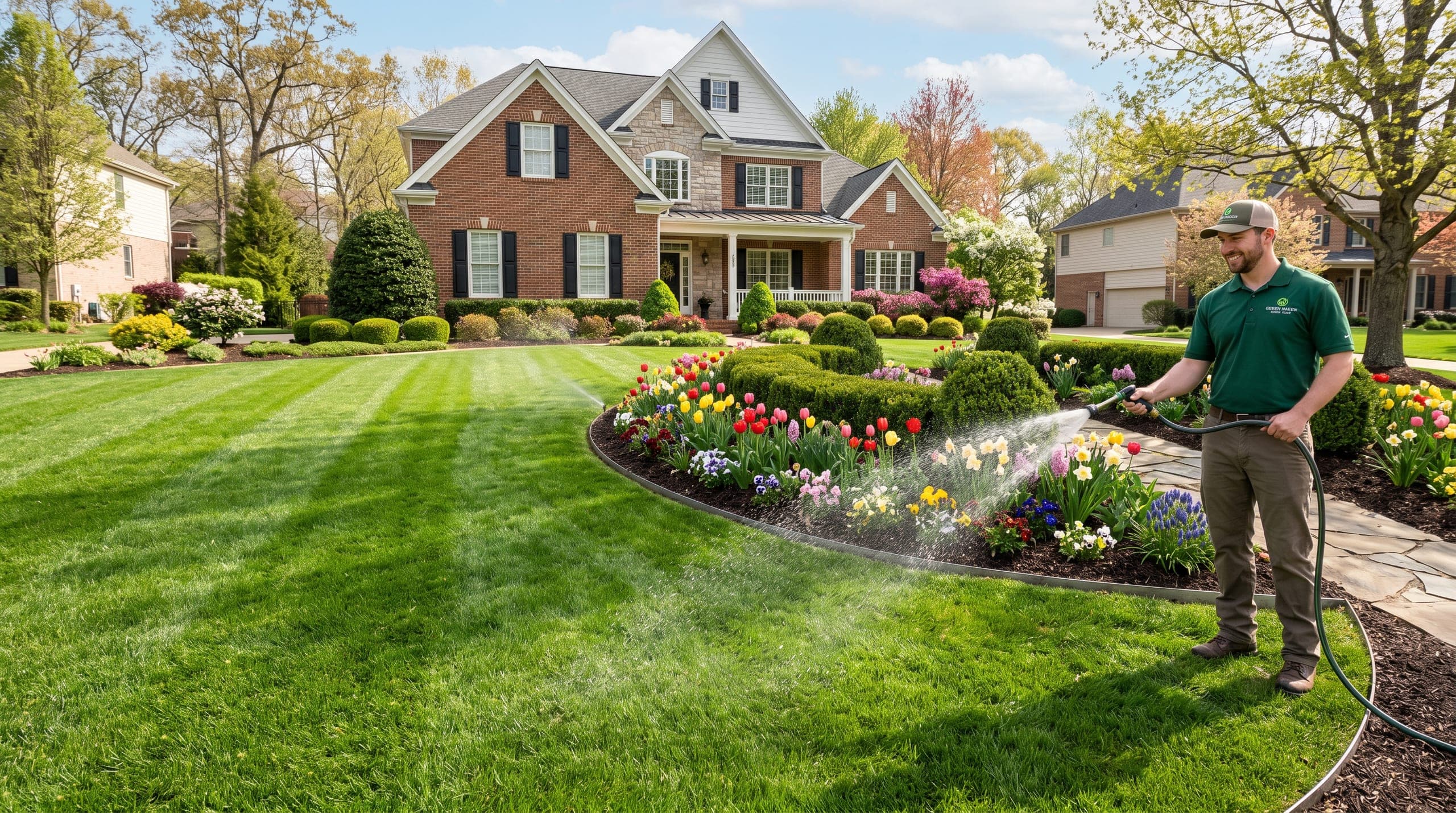 Lawn care professional watering a residential front lawn and flowering beds.