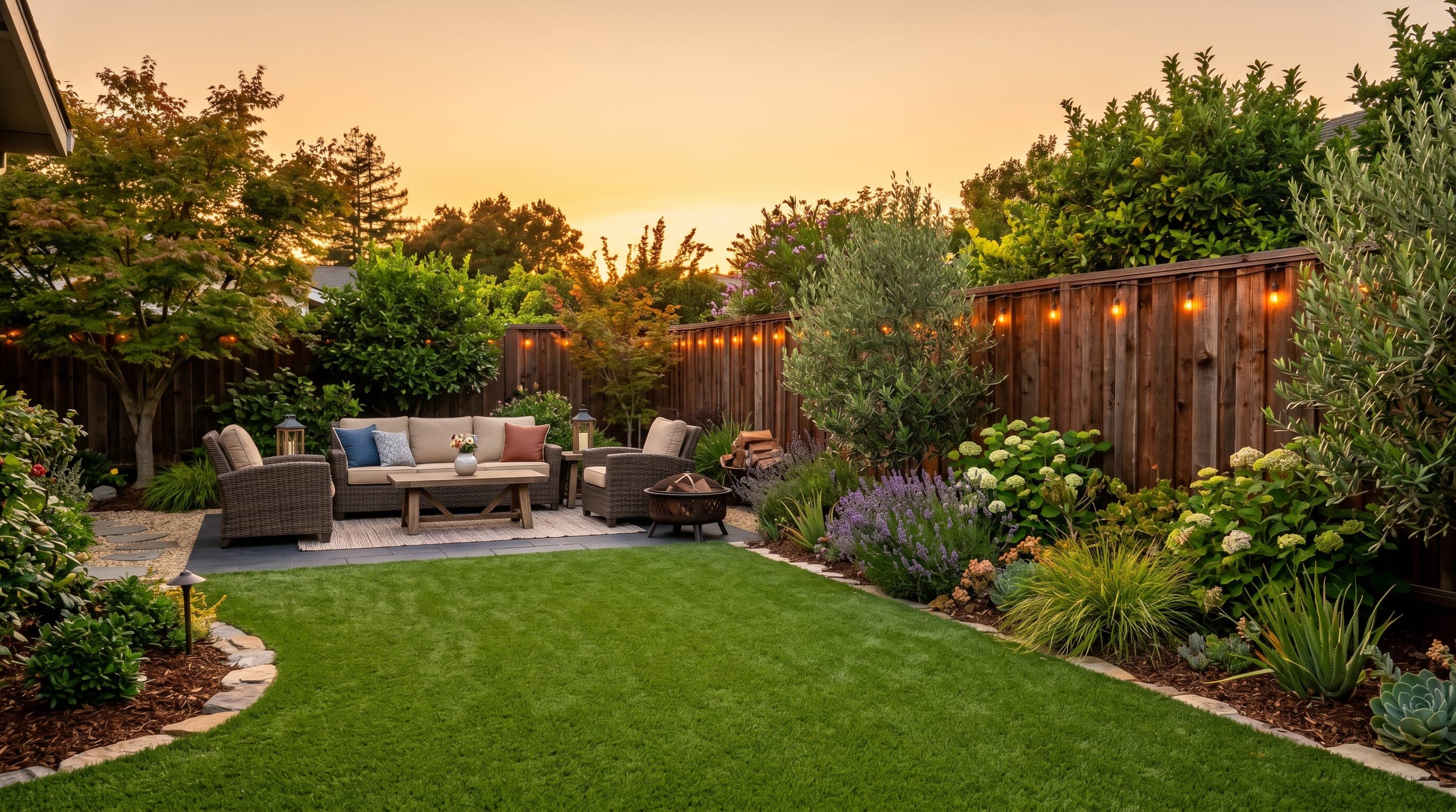 Finished backyard lawn and patio at sunset with redwood fencing, trees, and garden lighting.