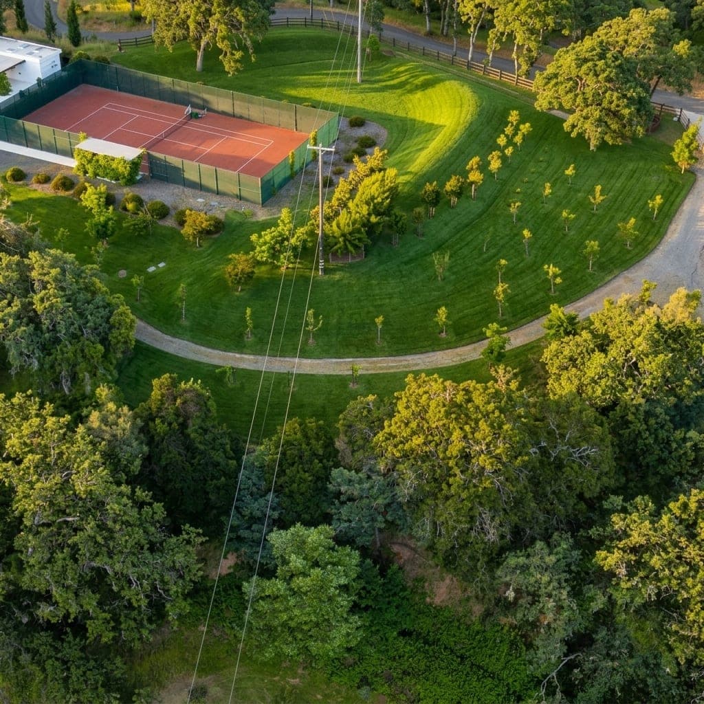 Representative North Bay landscape concept: Aerial of curved lawn hillside with rows of young trees beside a fenced tennis court.