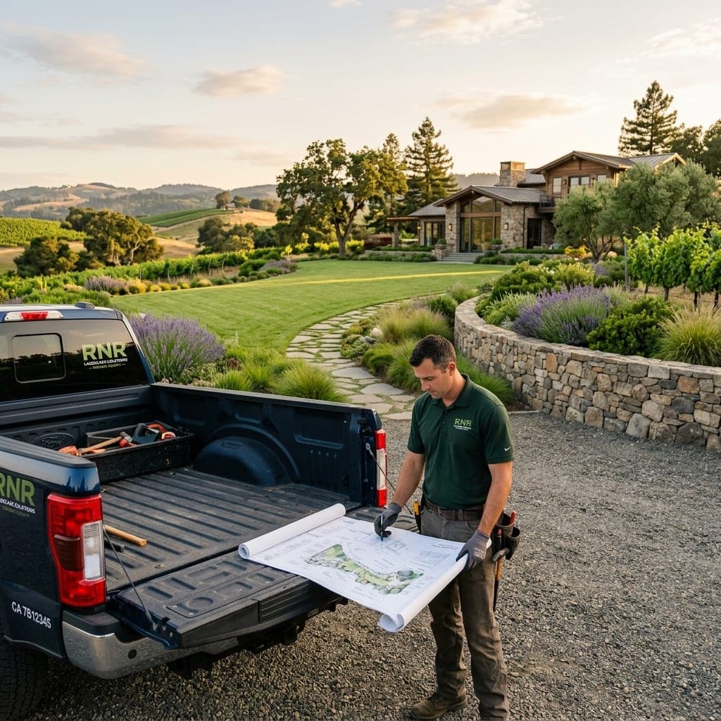 Landscaper reviewing plans at truck tailgate before a stone wall, lawn, and lavender garden.